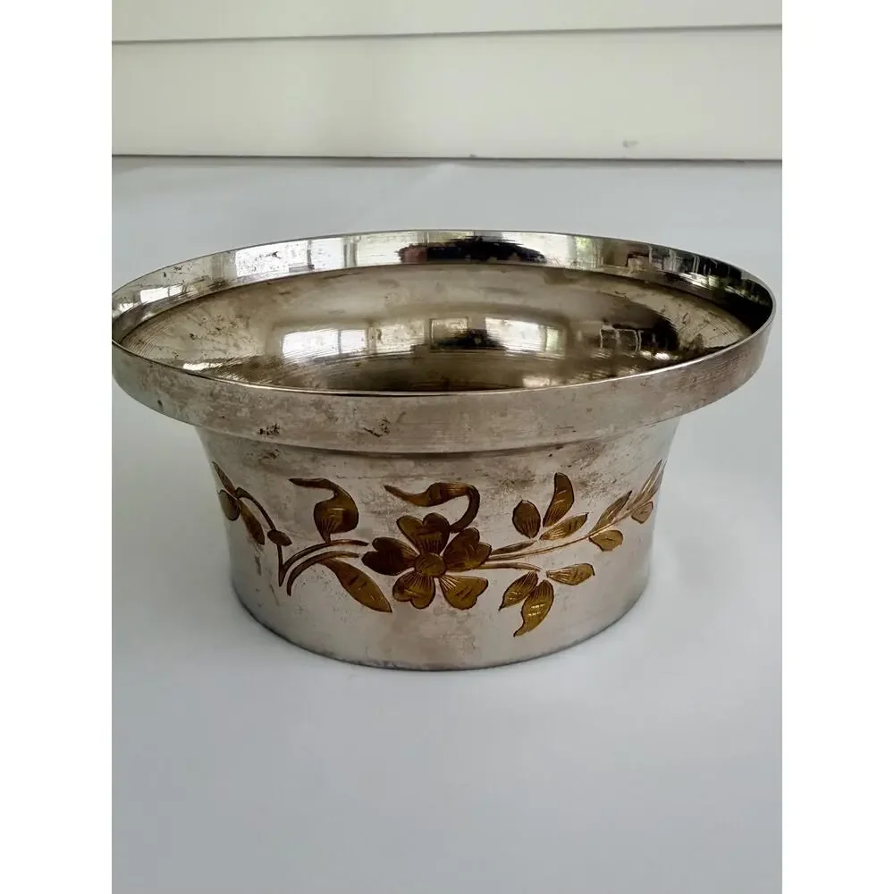Vintage Etched Brass Inlay Wine Coaster Floral Hollywood Regency Catchall